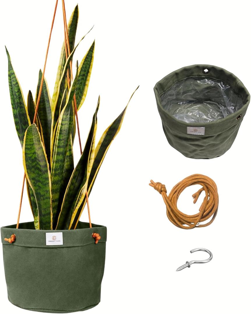 Waxed Canvas Handmade Hanging Planter for Indoor/Outdoor Plants, Hanging Basket Plant Holder Forest Green with Hook (Large 8")
