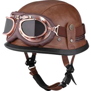 Motorcycle Half Helmet Retro German Handmade Leather Half Face Quick Release Buckle & Goggles - DOT Approved (Dark Brown, XL)