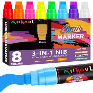 8 Colors Window Chalk Markers, Jumbo Liquid Erasable Painting Marker for Glass Washable Blackboard, 15mm 3 in 1 Nib Thick Tip, Big Chalkboard for Graduation School Art Cars Bistro Mirror Poste Auto