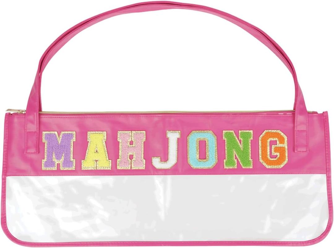 2 x RAWILL Mahjong Tile Bag with Shoulder Straps, Empty Mahjong Bags for Tiles and Racks, Case for American Mah Jong Set with Metal Zipper and Letters - Hot Pink (Case Only)