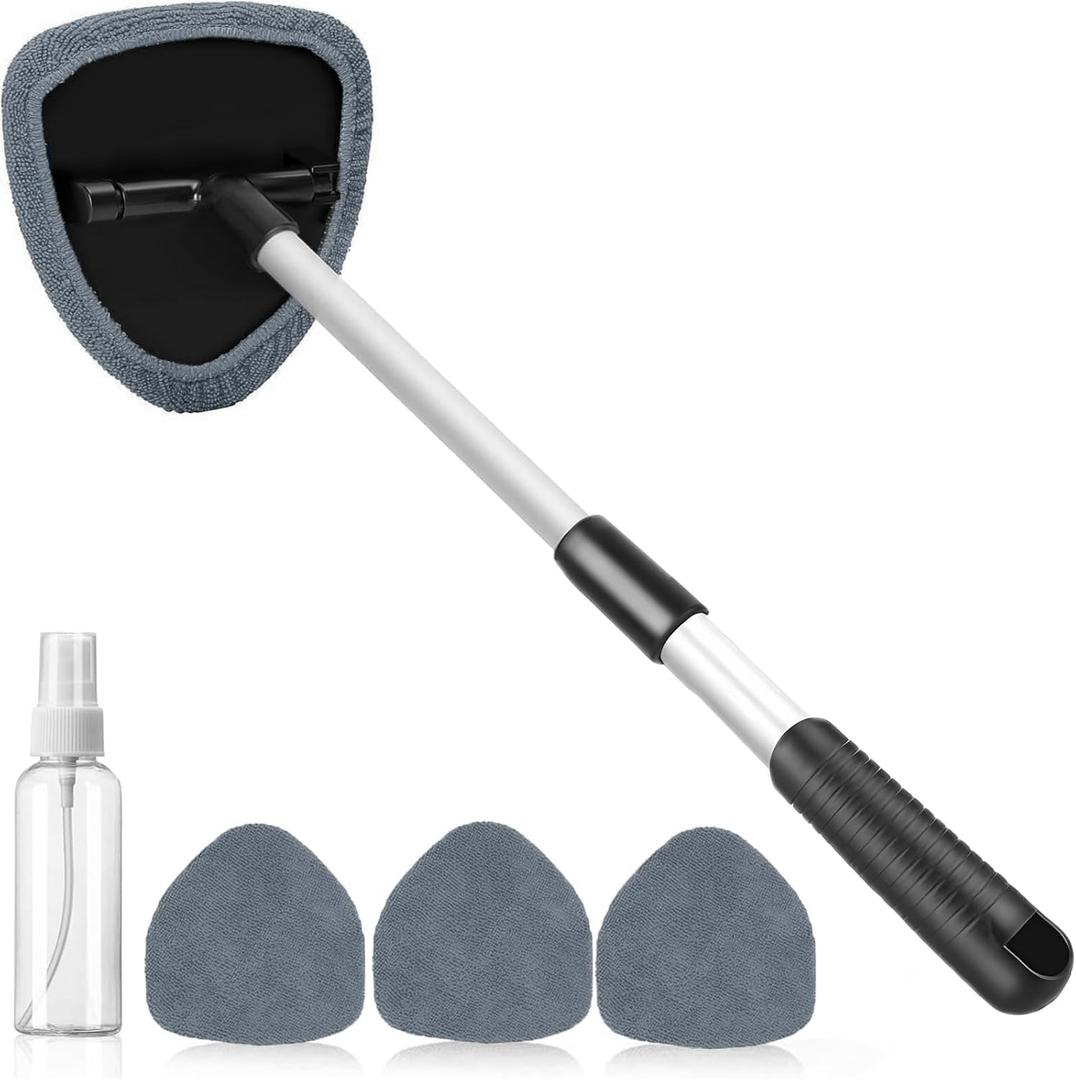 desin Windshield Cleaning Tool, Car Window Cleaner Windshield Cleaner with 4 Reusable and Washable Microfiber Pads and Extendable Handle Auto Inside Glass Wiper