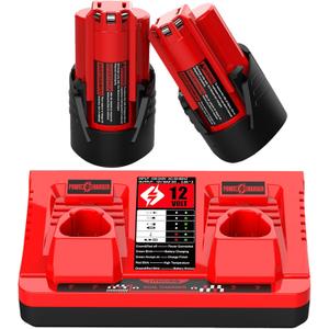 2 Pack 12V Replacement for Mil-Waukee M 12 Battery 48-11-2420 48-11-2425 48-11-2411 48-11-2401 & 48-59-2401 Dual Port M 12 Charger