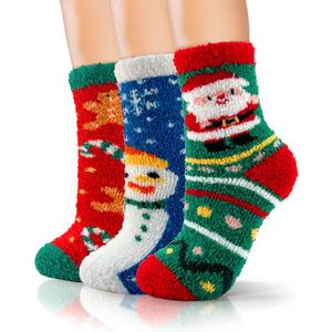 AIVEI 72-Needle Buttery Soft Fuzzy Socks for Women Girls, Gifts Cozy Warm Fluffy Cute Thick Plush Slipper Socks 3 Pairs (Christmas-02)