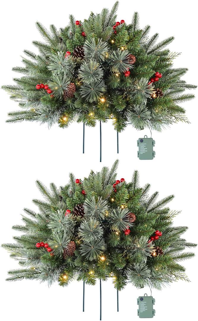2 Pack 24 Inch Lighted Outdoor Christmas Tree with Lights, Battery Operated Pre-lit Pathway Urn Filler, Christmas Porch Decorations for Home, Porch & Yard