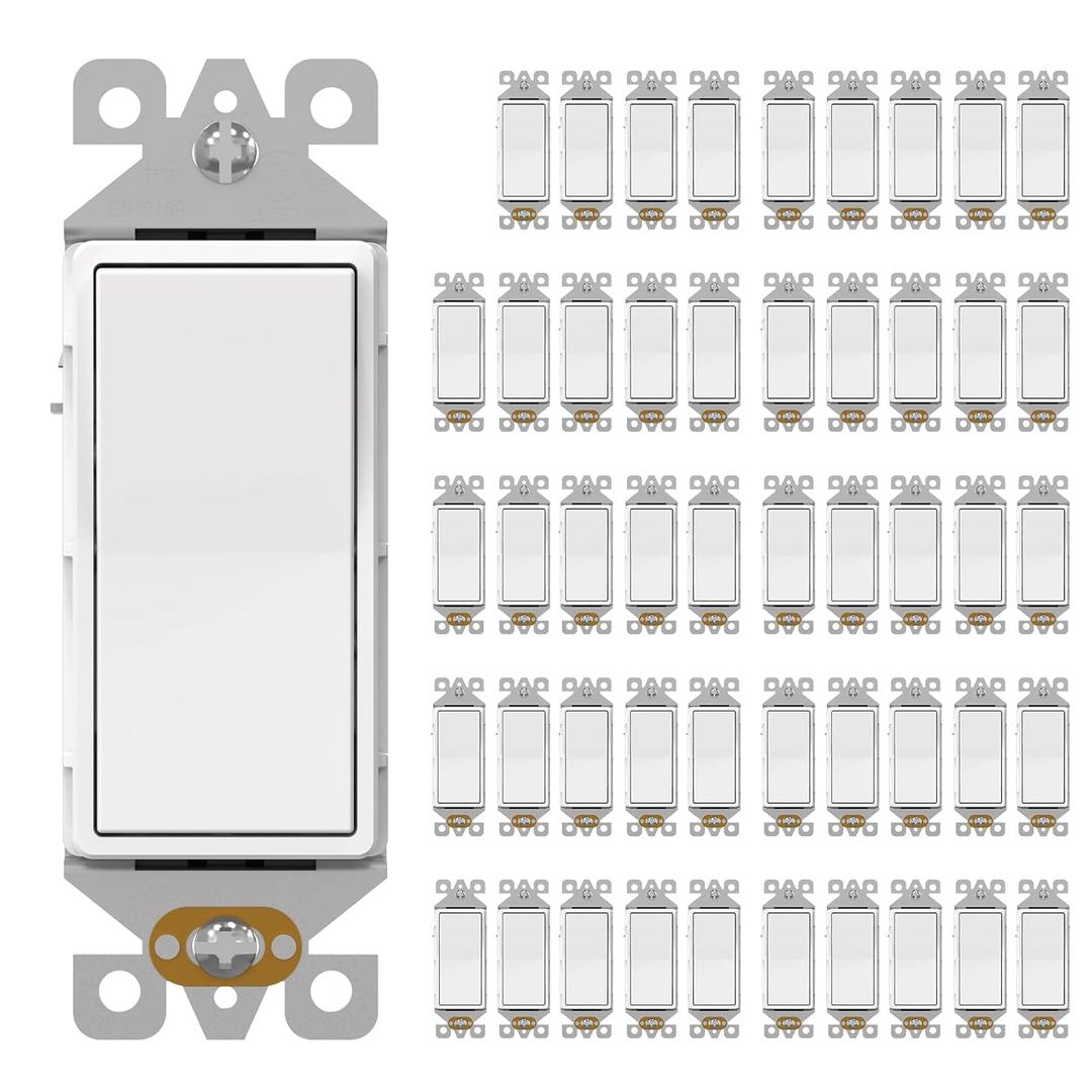 AIDA Single Pole Rocker Decorator Light Switch, 15 Amp Self-grounding Electrical Light Switches, Wall Plate Included, Residential Grade, UL Listed (50 Pack, Matte White)