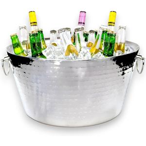 BREKX 6.25 Gallon Large Stainless Steel Bucket for Parties, Double-Walled Insulated Anchored Drink Tub & Ice Bucket with Double Hinged Handles, Silver, Extra Large