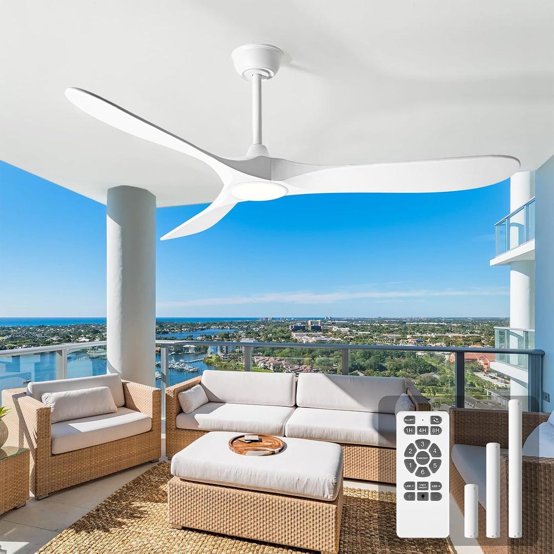 60 Inch Ceiling Fans with Lights and Remote, Wood Outdoor Ceiling Fan with 6 Speed Noiseless DC Motor, Indoor Modern 3 Blade Propeller Ceiling Fan for Bedroom Living Room Gazebo Patio (White)