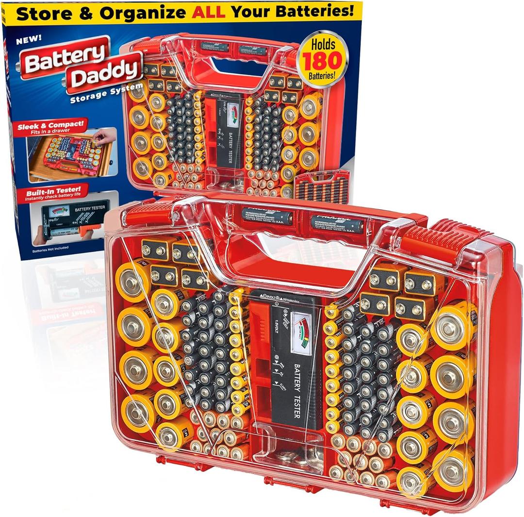 Ontel Battery Daddy - Battery Organizer Storage Case with Tester, Stores & Protects Up to 180 Batteries, Clear Locking Lid, As Seen On TV (Red)