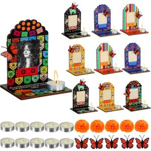 Dia De Los Muertos Decorations Picture Frames, Day of The Dead Altar with Candle, Marigold, Artificial Monarch Butterfly, Dia De Los Muertos Altar Kit Mini Sugar Skull Style Ofrenda Decorations