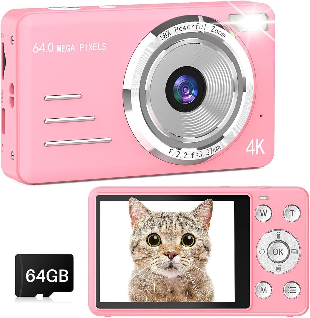 Digital Camera, 4K 64MP UHD 18X Autofocus Digital Zoom with 64GB Micro SD Card 2.8 Inch IPS Screen, Portable Compact Point and Shoot Vlogging Camera for Photography Teens Beginner Adult, Pink