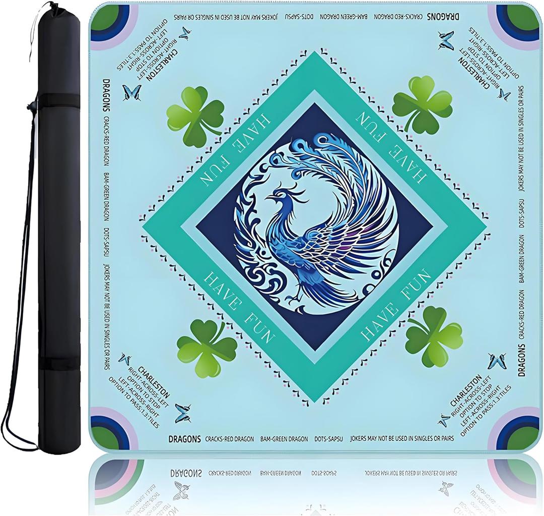 Mahjong Mat Non-Slip 32.68x32.68 Inch | Noise Reduction Game Table Mat with Carrying Bag - for Mahjong, Board Games, Dominoes, Poker Cards, Tabletop GamingBlue/Peacock