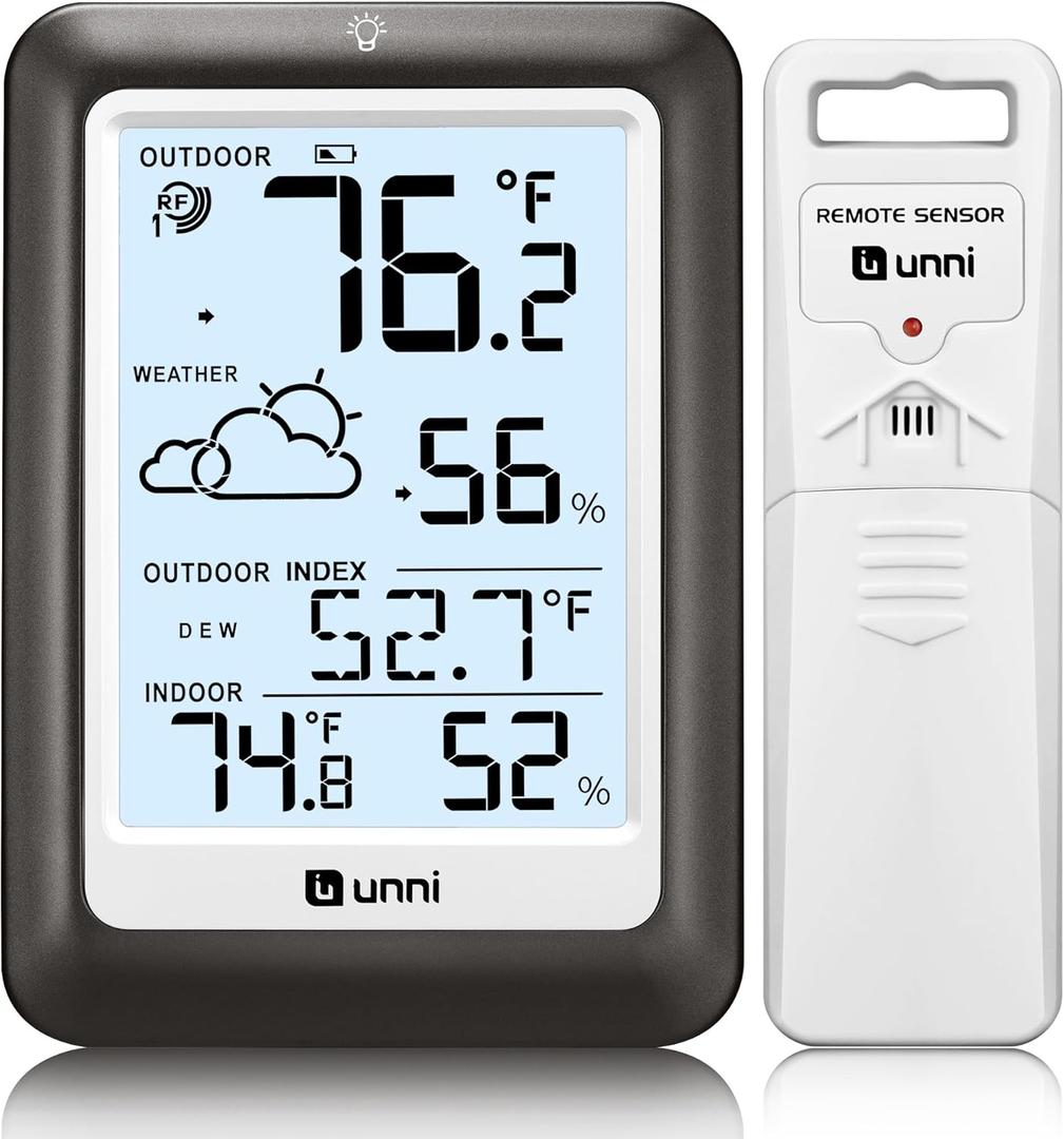 Indoor Outdoor Thermometer Wireless Weather Station, Temperature Humidity Monitor Battery Powered Inside Outside Thermometers with 330ft Range Remote Sensor and Backlight DisplayMetal, Black