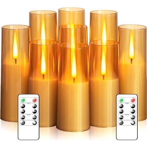 Flickering Flameless Candles,Battery Operated, Flameless Candles with Remote, 2/4/6/8 Hour Timer, Realistic Jumping Flame Effect, Perfect for Home Decor, Holiday Decoration Pcs 9 (Gold)