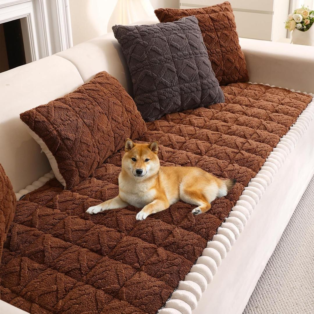 Couch Cover for Dogs Washable, Fuzzy Pet Couch Covers for 3 Cushion Sofa Pet Friendly, Non-Slip Sofa Couch Cover Protector Mat (59in, Coffee)