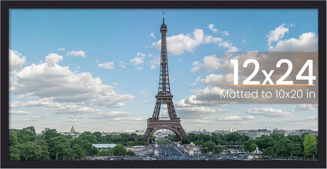 upsimples 12x24 Picture Frame, Display Pictures 10x20 with Mat or 12 x 24 Without, Wall Hanging Poster Frames, Black, 1 Pack