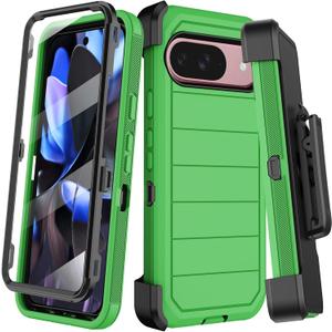 for Google Pixel 9 Case,Pixel 9 Pro Case with Built-in Screen Protector,Belt Clip Holster,Heavy Duty Shockproof Drop Protection Military Grade Rugged Full Body Cover with Kickstand (Green)