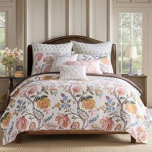 Levtex Home - Maileen Dusty Rose Quilt Set - King Quilt and Two King Shams - Floral - Dusty Rose Ochre Blue Green Brown Off-White - Quilt (106x92in.) and Shams (20x36in.) - Reversible - Cotton