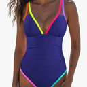 popvil Women's One Piece 2025 Tummy Control Swimsuits Neon Color Block Swimwear Deep V Neck Slimming Bathing Suit, L