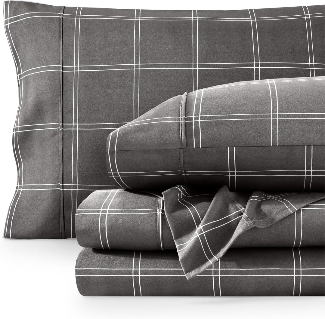 Bare Home Split King Sheet Set - 1800 Ultra-Soft Microfiber Bed Sheets - Double Brushed - Deep Pockets - Easy Fit - 5 Piece Set - Bed Sheets (Split King, Modern Plaid - Grey/White)