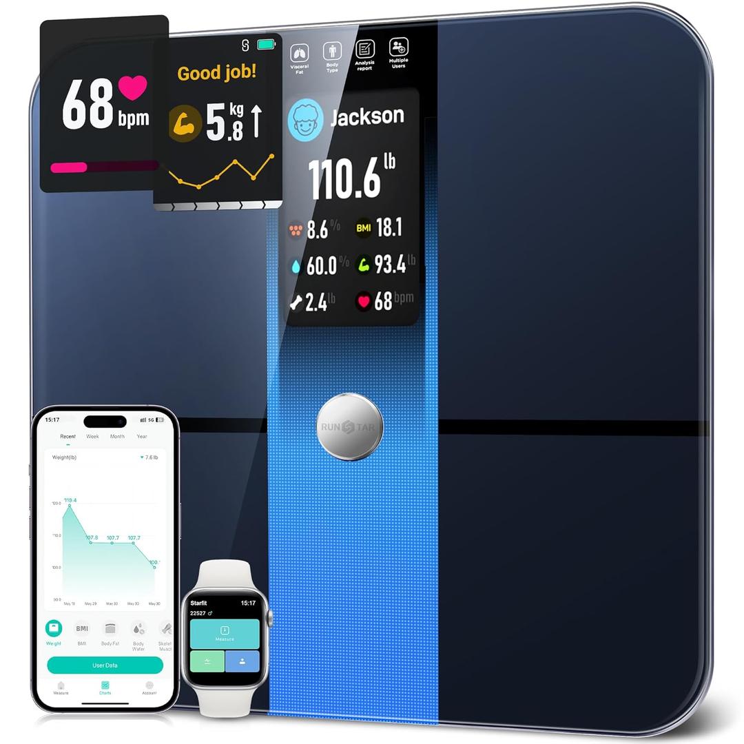 RunStar Scale for Body Weight, Precision Digital Bathroom Smart Scale with 3.5" TFT Color Large Display for BMI Muscle Mass Heart Rate, 22 Body Composition Analyzer Sync APP, 400lb