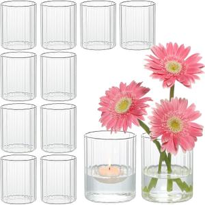 4 Inch Cylinder Glass Vases for Table Centerpieces, 12Pcs Clear Ribbed Flower Vases in Bulk for Wedding Decorations and Home Dcor, Short Hurricane Floating Candle Holder for Table (4 Inch H-12pcs)