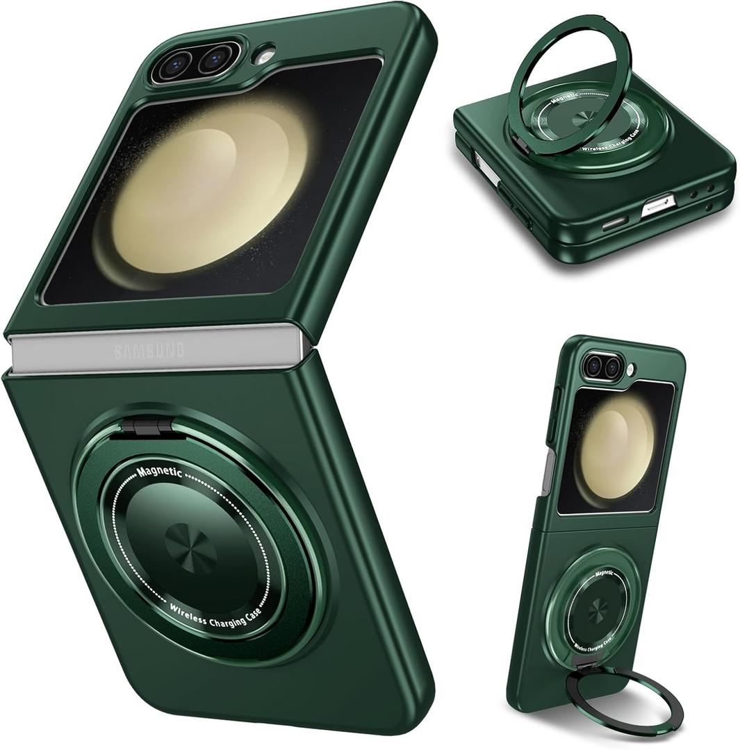 Samsung Galaxy Z Flip 5 Case with 360 Rotatable Magnetic Ring Stand, Compatible with Mag-Safe, Slim Thin Matte PC Shockproof Protective Phone Case for Women Men, Green