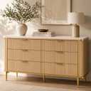 55.1" W 6 Drawer Dresser for Bedroom, Modern Fluted Wood Dresser with Marble-Look Top and Gold Accents, Double Chest of Drawers Storage Cabinet for Closet, Living Room, Entryway, Natural Oak, 15.7"D x 55.1"W x 31.5"H