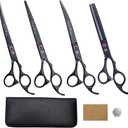 Purple Dragon Professional 7.0 inch 4PCS Pet Grooming Scissor Kit Japan Premium Steel Straight & Curved & Thinning Blade Dog Hair Cutting Shears Set with Case (Bright Black)