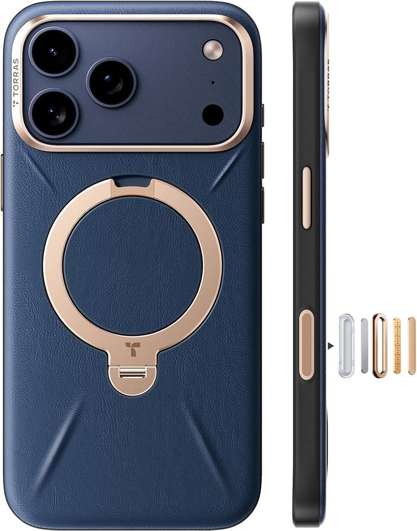 TORRAS Organic Leather for iPhone 17 Pro Case with Stand, Fit for Magsafe, 360 Spin Kickstand with Camera Control, Premium Leather Durable Stylish Q3 VegSkin for iPhone 17 Pro Phone Case, Deep Blue