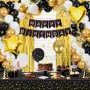 140 Pcs Black and Gold Birthday Decorations for Men and Women,Balloon,Happy Birthday Banner,Fringe Curtains,Cake Topper,Plates,Cups, for 25 Guests