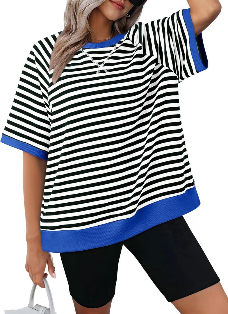 Dokotoo Oversized T Shirts for Women Fashion 2025 Casual Striped Color Block Crewneck Short Sleeve Tee Spring Tops for Women Loose Fit Lightweight Thin Trendy Pullover T-Shirts Blouse Black (Small)