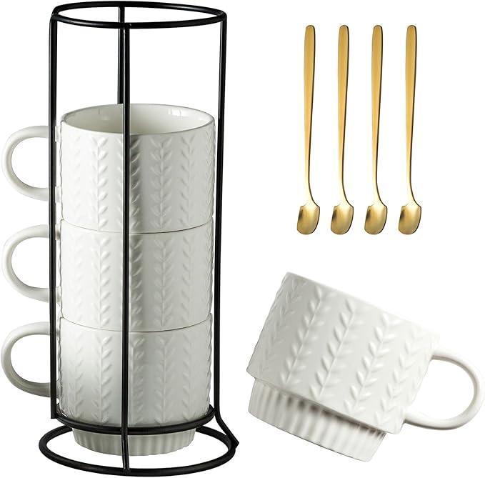 Miamolo Stackable Coffee Mugs, Coffee Mug Set of 4 with Spoons & Stand, 13oz Espresso Cups for Drinks Latte Cappuccino Tea, Coffee Cup for Housewarming Birthday Gift, Dishwasher Safe, White