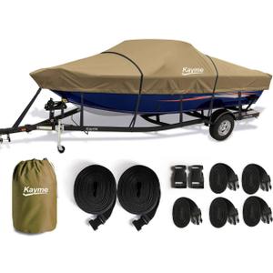 Kayme 1200D Heavy Duty Boat Cover for 14-16ft Boats - Waterproof, Tear Resistant with Reinforced Windproof Straps, Ideal for Fishing, Bass, Fish & Ski,V-Hull Boat. (Model B - Length:14'-16' Beam width: up to 90", Khaki)