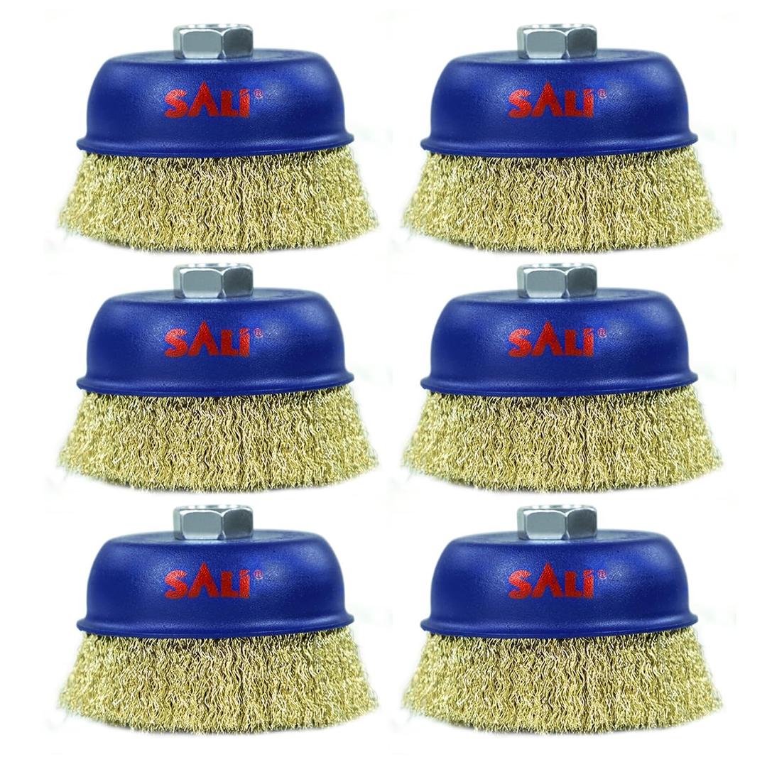 SALI 6 Pack Wire Cup Brush, 4 Inch Coarse Crimped Cup Brush for Grinders, with 5/8 Inch Arbor for Heavy Cleaning Rust, Stripping and Abrasive, for Angle Grinder