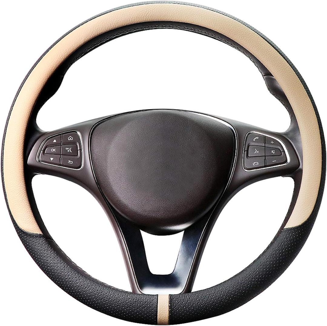 COFIT Breathable Car Steering Wheel Cover 15 inch Auto Universal Leather Wrap Non-Slip Steeringwheel Protector Automotive Interior Accessories, Beige (Suit for 14 1/2-15 inch)