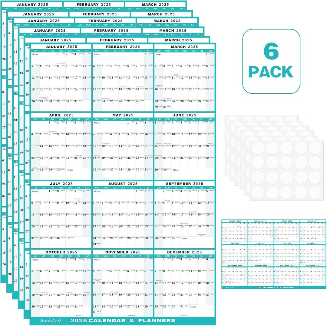 6pcs 24" x 36" 2026 Wall Calendar, Folded Wet & Dry Erase Wall Calendar 12 Month, Annual Yearly Planner Yearly Laminated Calendar 2026 Horizontal/Vertical, with Julian Dates