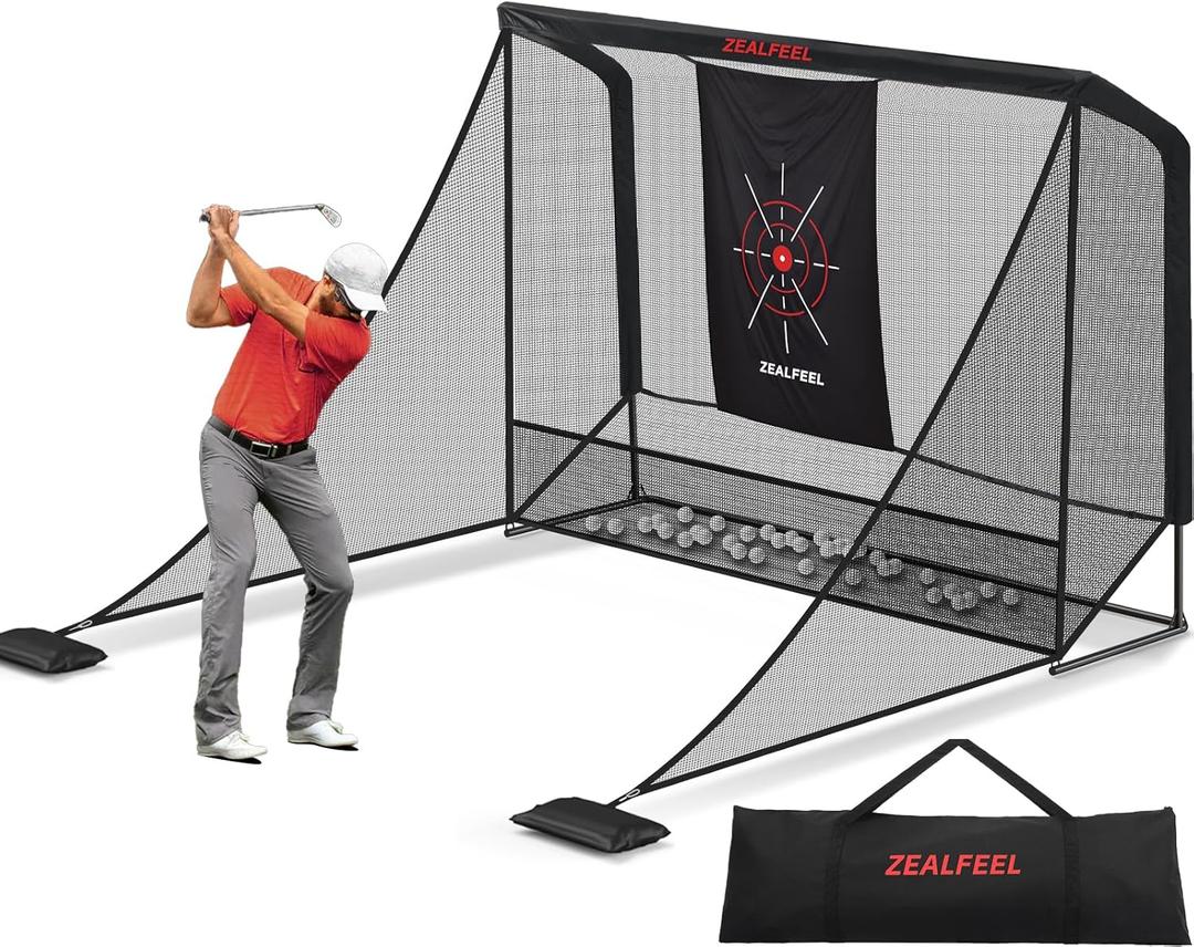 Golf Net, 10x7ft/8x8ft Golf Enclosure Net with Side Barriers/Auto-Ball Return, Low-Noise Target, Carry Bag, 4 Stakes, Hitting Practice Net for Backyard Driving Chipping Indoor Outdoor Use