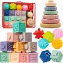 Jyusmile Baby Toys 6-12 Months, Montessori Toy for Babies 6-12 Months, Incl Stacking Building Blocks & Soft Infant Teething Toys & Sensory Balls for Toddlers 0-3-6-9-12 Month