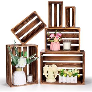 6 Pcs Decorative Nesting Wooden Crates for Display,Whitewashed Nesting Wooden Crates for Display Rustic, Storage Display 6 Size Large Small Rustic Wood Decorative Storage Crates (Deep Wood Color)