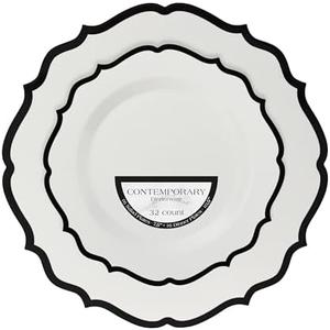 PLASTICPRO 64 Pack Elegant Disposable Plastic Plates Combo Set Includes 32 Dinner Plates and 32 Salad Plates Heavy Duty Fancy Party Plates White & Black Contemporary Design