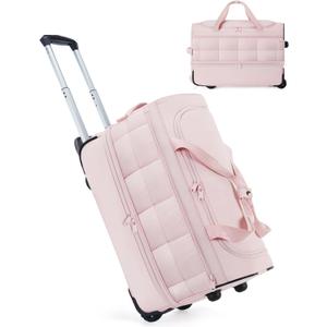 BAGSMART Rolling Duffle Bag with Wheels, Carry On Bag Duffel Bag for Travel, Wet Pocket Duffle with Wheels and Handle, Blush Pink, 40L