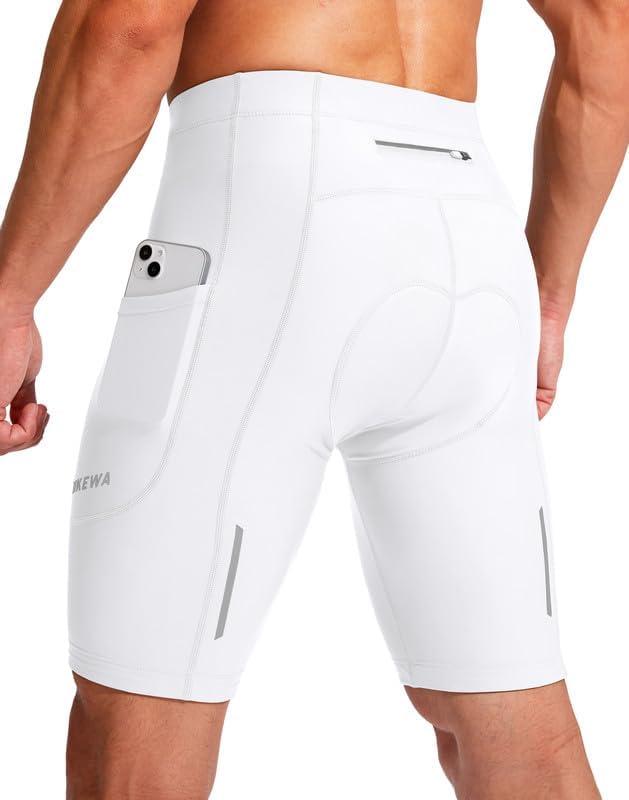 Men's Bike Shorts 3D Padded Cycling Road Biking Underwear Mountain Riding Biker Bicycle UPF 50+ Cycle Shorts Zipper Pockets(White,L)