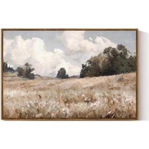 VIYYIEA Framed Canvas Wall Art Vintage Decor, Farmhouse Scenery Vast Field Grassland Paintings, Large Prints, Nature Landscape Wall Decoration for Living Room Bedroom Bathroom, 24"x36"
