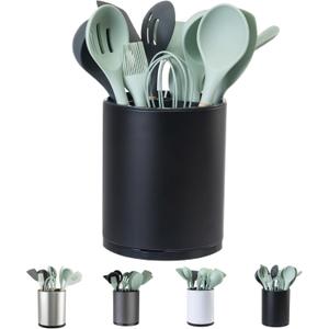 Kitchen Utensil Holder Extra Large 360 Rotating For Counter Organizer Stainless Steel Storage Cooking Silverware Caddy 3 Compartment Flatware Spoon Spatula Tool Cutlery Container, Black