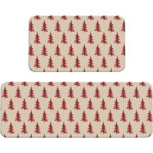 Red Cream Christmas Kitchen Mats Set of 2 Xmas Tree Print Winter Holiday Kitchen Rugs for Floor Home Decor Low-Profile Mats,17x29 and 17x47 Inch