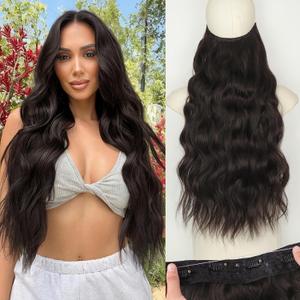 KooKaStyle Invisible Wire Hair Extensions with Transparent Wire Headband Adjustable Size 4 Secure Clips Long Wavy Synthetic Hairpiece for Women (24 Inch Rich Dark Brown with Warm Tones/6#)