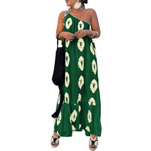 PRETTYGARDEN Women's 2026 Summer One Shoulder Maxi Dress Printed Flowy Boho Long Sundresses Spring Beach Vacation Clothes (Green, XL)