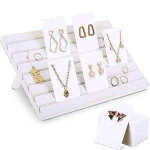 Blulu 31 Pack Wooden Earring Display Stand 7 Slots jewelry Display Holder with Earring Card for Selling Vendors Retail Show(Wash White, White)
