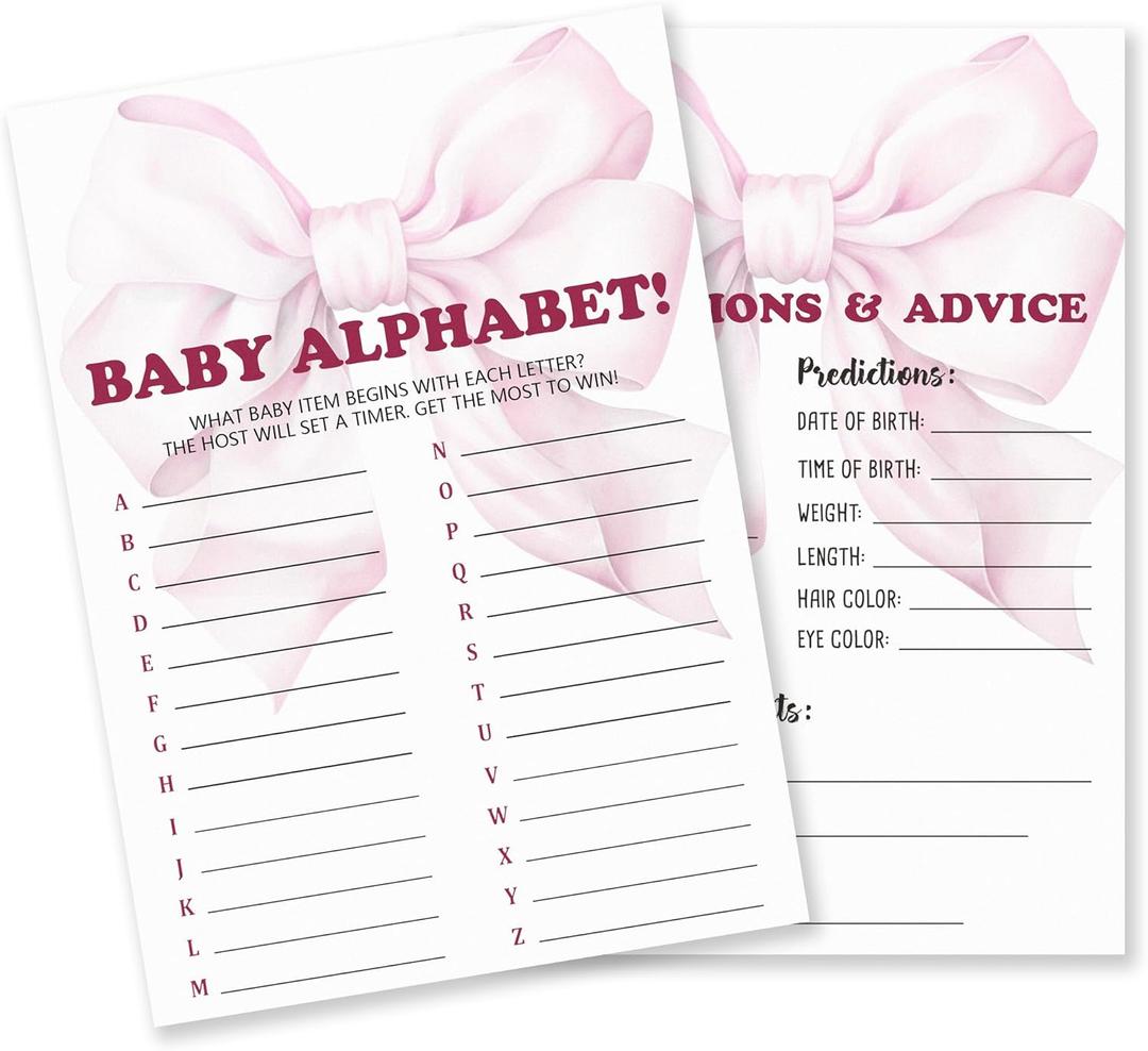 Baby Alphabet & Predictions Advice Theme Baby Shower Game Activities- 25 Watercolor Pink Bow Game Cards(5’’x7’’) For Boys & Girls- Decorations & Supplies For Baby Shower & Gender Neutral Party-C03