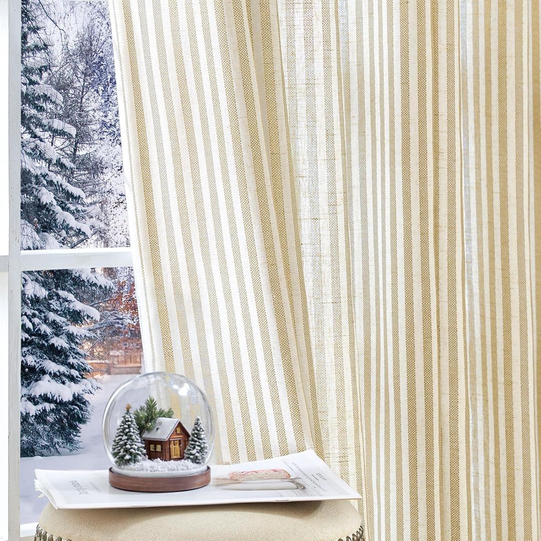 Jinchan Linen Curtains for Living Room Beige Striped Curtains for Bedroom Ticking Stripe Pattern Light Filtering Farmhouse Cottage Core Rustic Grommet Window Treatment 2 Panels 63 inches Long